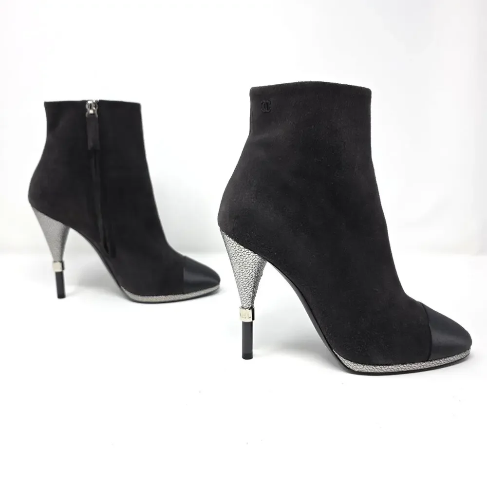 Chanel Suede Ankle Boots CC Logo Cap Toe Grey Black Silver Heels 37 6.5